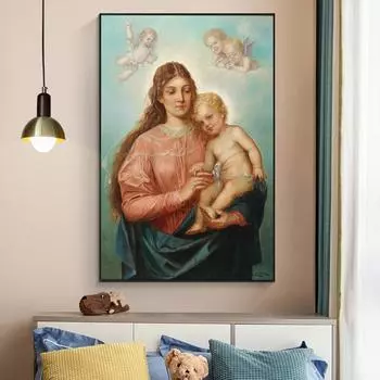 Мадонна с младенцем и ангелами Картина Zatzka Wall Retro Art Холст Печать Плакат Теплая Картина для Гостиной Домашний Декор Cuadros 21x30cm No Framed