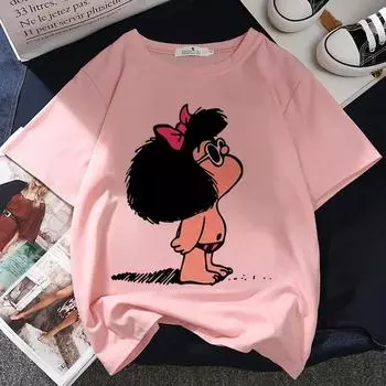 Футболка Mafalda Kawaii с графическим принтом, женская, Harajuku, эстетичные розовые топы, повседневная футболка Y2k, новинка 2021 года, летняя модная женская футболка S