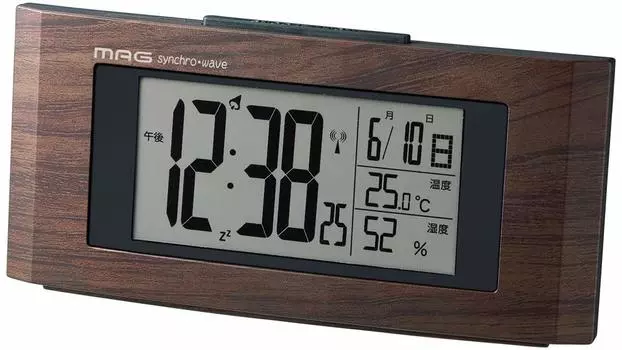 MAG Alarm Clock Radio Digital Wood Line Backlight with Snooze Function Woodgrain Brown T-743BR-Z