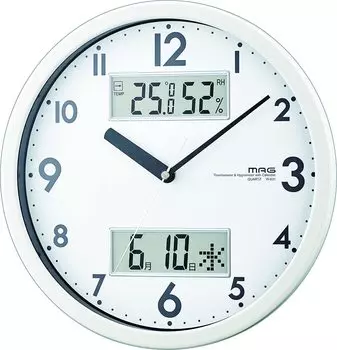 MAG Настенные часы Аналоговые Двойное измерение Бесшумная непрерывная секундная стрелка Температура Влажность Дата День недели Дисплей Белые W-631WH белый