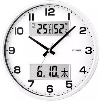 MAG Wall Clock Analog Double Post Quiet Continuous Second Hand Temperature Humidity Date Day of the Week Display White Diameter 32cm W-766WH-Z