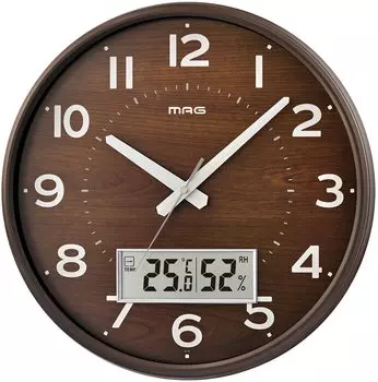 MAG Wall Radio Controlled Analog Humidity Night Second Arrow Stop Brown Clock, Часы, Gaufre, Температура, Дисплей, Функция, W-776BR-Z коричневый