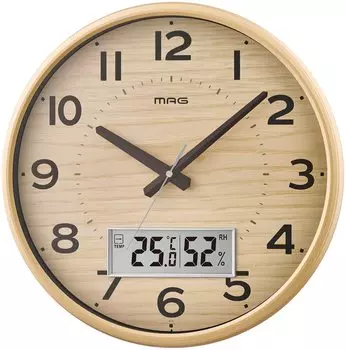 MAG Wall Radio Controlled Analog Humidity Night Second Arrow Stop Natural Clock, Часы, Gaufre, Температура, Дисплей, Функция, W-776N-Z