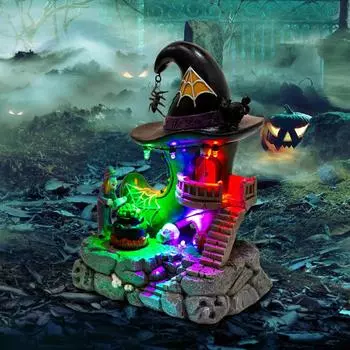 Магазин антикварной обуви ведьмы в стиле Хэллоуина, освещенный дом и вращающийся котел-пузырь с аксессуарами для пауков и светодиодной подсветкой