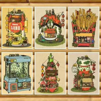 Магазин мультфильмов Плакаты и принты Забавный милый магазин животных Настенная картина Картина на холсте Скандинавская гостиная Украшение дома Подарок 21x30cm No Framed