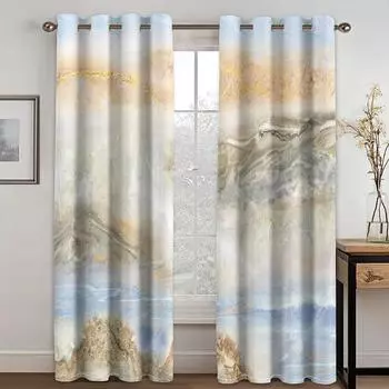 Magical Golden Landscape Painting 3D Curtains Ink Wind Yellow Living Room Bedroom Kitchen Balcony Window Decoration Curtains 50W130H(CM)X2PCS&Grommet Top