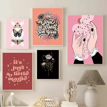 Магия Цитата Текст Жест Художественная печать Хэллоуин Ведьма Осень Бабочка Бохо Осенний декор Холст Картина Фокус-покус Звезды Плакаты 21x30cm No Framed