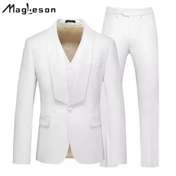 MAGLESON Мужская одежда Стильный деловой костюм Комплект из 3 предметов Однотонный мужской костюм с принтом Деловой офис Свадебный костюм Куртка + брюки + жилет Костюмы и блейзеры L белый