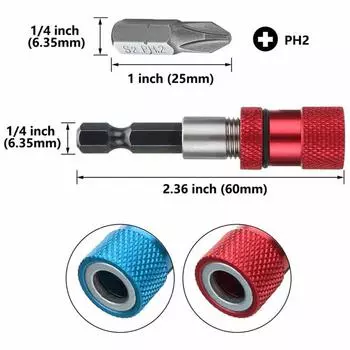 Magnetic Bit Holder with Phillips PH2 Screwdriver Bits, 1/4 Inch Hex Shank Driver Bits Adjustable Depth Screw Holder 60mm Length красный