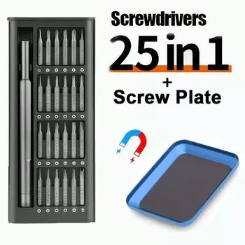 Magnetic Precision Screwdriver Set, 25 In 1 With 24 Piece Magnetic Screw Plate Set, Small Repair Set For Mobile Phone/PC/Came синий