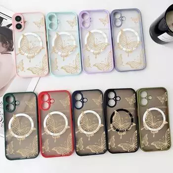 Magnetic Solid Color Edges Case for iPhone 16 Pro Max 15 14 Plus 13 12 Mini 11 Pro Max 8 7 Yellow Butterfly Soft Edges Hard Clear Phone Case iPhone 16 чёрный
