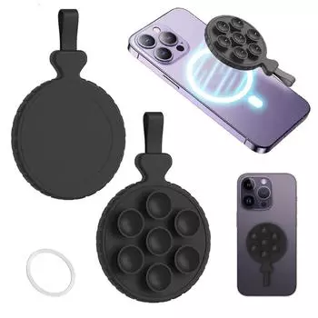 Magnetic Suction Cup Phone Mount with Hand Strap Mirror Shower Phone Holder Hands-Free Phone Stand for iPhone 15/14/13/12 Serie чёрный