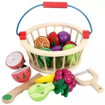 Magnetic Wooden Cutting Vegetables Food Play Toy Set with Basket for Kids