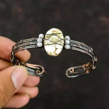 Магнезитовая манжета «Дикая лошадь» Синие кружевные агатовые бусины Браслет Медная проволока Ювелирные изделия Регулируемый браслет Манжета ручной работы Драгоценный камень Медный браслет