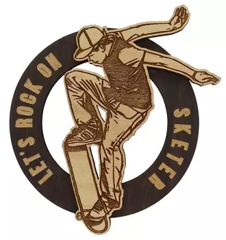 Магнит на холодильник с гравировкой на дереве в виде скейтборда Sketer 4 x 3.5 коричневый