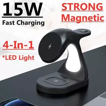 Магнитная беспроводная подставка для зарядного устройства 15 Вт 4 в 1 для Macsafe iPhone 14 13 12 Pro Max Apple Watch Airpods Qi Док-станция для быстрой зарядки чёрный