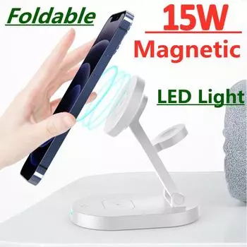 Магнитная беспроводная зарядная подставка 3 в 1, 15 Вт для iPhone 12, 13, 14, Apple Watch 8, 7, 6, Airpods, док-станция для быстрой зарядки чёрный