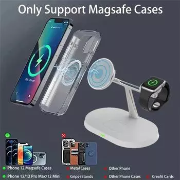 Магнитная беспроводная зарядная подставка для iPhone 15 14 13 12 Pro Max Apple Watch 9 8 7 Airpods Pro 3 в 1 быстрая зарядка телефона чёрный