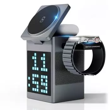 Магнитная беспроводная зарядная станция 6-в-1 с Bluetooth-динамиком, будильником, для iPhone, AirPods, IWatch-многофункциональное зарядное устройство