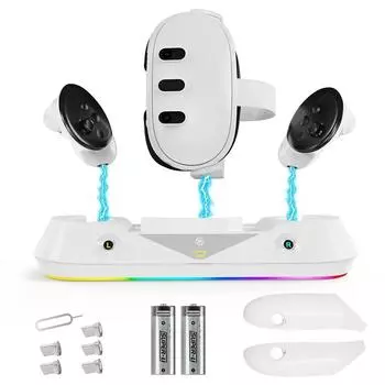 Магнитная док-станция для быстрой зарядки, совместимая с Meta/Oculus Quest 3, подставка для зарядки гарнитуры и контроллера, 2 аккумулятора 12.3*6*31cm белый