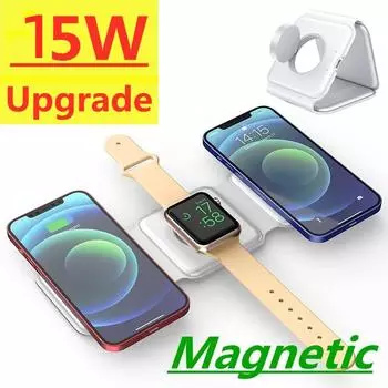 Магнитная подставка для беспроводного зарядного устройства 15 Вт 3 в 1 для iPhone 12 13 14 Pro Max Airpods iWatch Док-станция для быстрой беспроводной зарядки чёрный