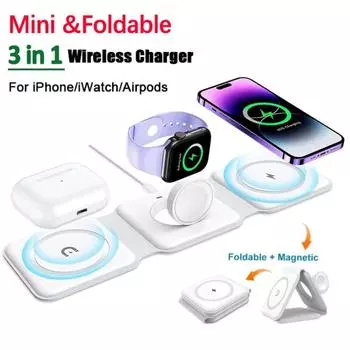 Магнитная подставка для беспроводного зарядного устройства 3 в 1, складные зарядные устройства для телефонов для iPhone 15, 14, 13, 12, 11, Apple Watch, AirPods, 15 Вт, док-станция для быстрой зарядки чёрный