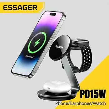 Магнитная подставка для зарядного устройства Essager 3 в 1 для iPhone 15 Pro Max 14 13 Apple Watch Магнитная беспроводная зарядная станция мощностью 15 Вт для AirPods 3-in-1 15W серый