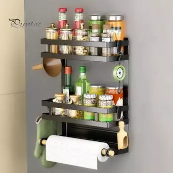 Магнитная полка для холодильника, держатель для бумажных полотенец, прочная, несущая, простая в установке, полка для специй, кухонный органайзер с держателем для рулонов полотенец Dual Layer чёрный