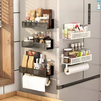 Магнитная полка для хранения без перфорации с держателем рулона бумаги, противоскользящая, большая несущая полка для хранения на двери холодильника белый