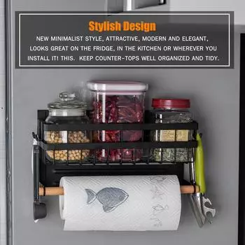 Магнитная полка для специй для холодильника с крючком, держатель для бумажных полотенец, нержавеющая стойка для банок для специй, мульти чёрный