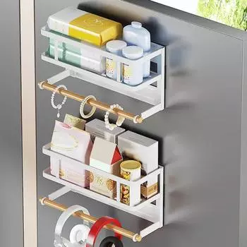 Магнитная стойка для хранения с держателем для бумажных полотенец, большая вместимость, простая установка, полка для специй на холодильник, кухонный органайзер с держателем для рулонов полотенец белый