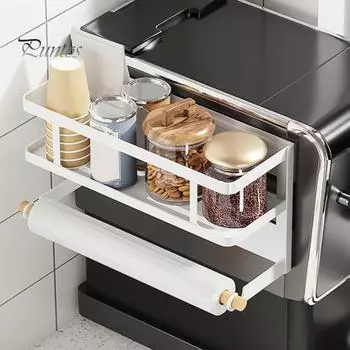 Магнитная стойка для хранения с держателем для бумажных полотенец, большая вместимость, простая установка, полка для специй на холодильник, кухонный органайзер с держателем для рулонов полотенец чёрный