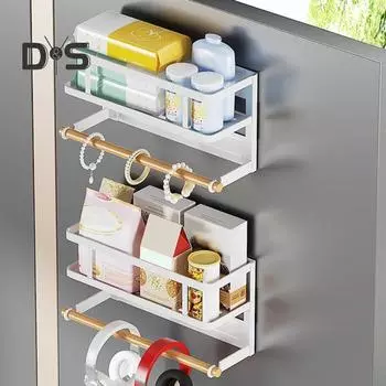 Магнитная стойка для хранения с держателем для бумажных полотенец, большая вместимость, простая установка, полка для специй на холодильник, кухонный органайзер с держателем для рулонов полотенец белый