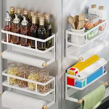 Магнитная стойка для хранения с держателем для бумажных полотенец, большая вместимость, простая установка, полка для специй на холодильник, кухонный органайзер с держателем для рулонов полотенец белый