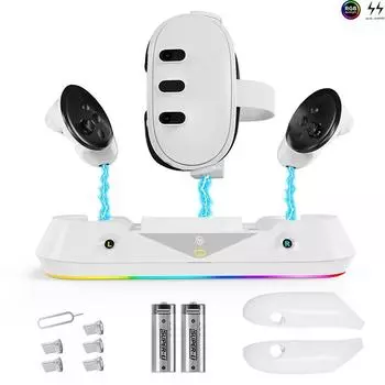 Магнитная зарядная док-станция для Quest 3, док-станция для быстрой зарядки с RGB-подсветкой, аккумулятором емкостью 1800 мАч*2 и магнитными разъемами белый