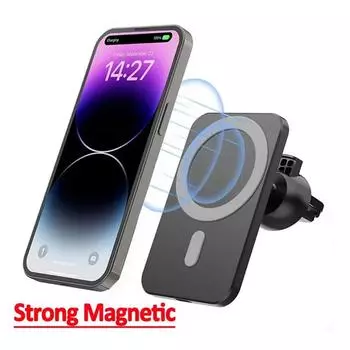 Магнитное беспроводное автомобильное зарядное устройство совместимо с iPhone 15 14 13 12 Pro Max Mini с функцией быстрой зарядки и вентиляционным отверстием чёрный