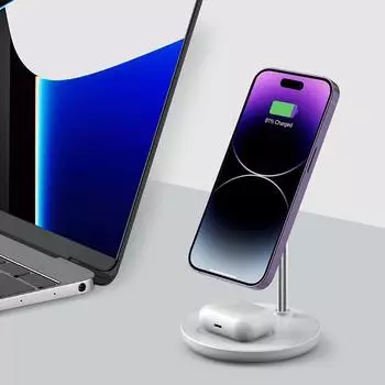 Магнитное беспроводное зарядное устройство 18 Вт 2 в 1 Подставка для iPhone 15 Pro 14 13 Magcafe Держатель телефона QI Зарядная станция для AirPods Pro 2 3 белый