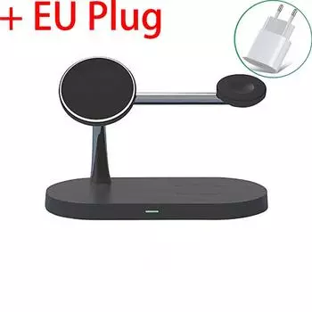 Магнитное беспроводное зарядное устройство 3 в 1 для Magsafe Iphone 12 13 14 Pro Max индукционная зарядная док-станция для Airpods Iwatch зарядные устройства лампа Black with EU чёрный