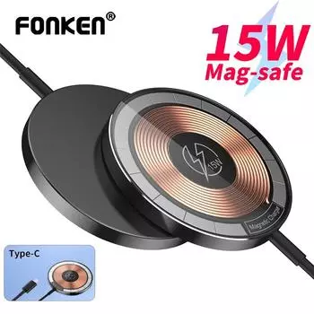 Магнитное беспроводное зарядное устройство Fonken 15 Вт для Magsafe iPhone 14 13 12 Pro Max Mini Induction Type-C Qi, док-станция для быстрой зарядки