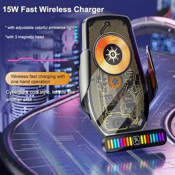 Магнитное беспроводное зарядное устройство из алюминиевого сплава, быстрое зарядное устройство, автомобильный держатель с регулировкой красочного окружающего света для Iphone, Huawei, Xiaomi as picture серебряный