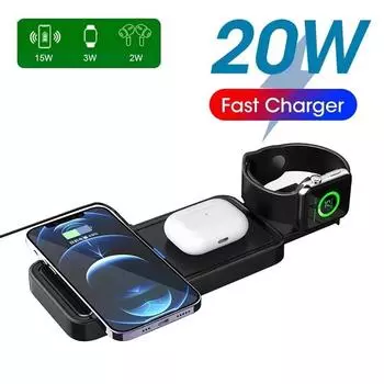 Магнитное беспроводное зарядное устройство Qi Fast Charging 20 Вт 4 в 1 для IPhone 14 13 12 Pro Max Samsung Apple Watch Airpods Pro Док-станция Apple Watch Wireless 4 in 1 Magnetic Wireless чёрный