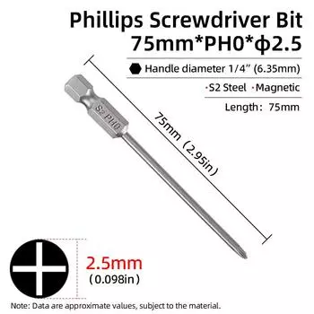 Магнитные биты для крестовой отвертки 75 мм PH0 PH1 PH2 Насадка с крестообразным шлицем Шестигранный хвостовик Сталь S2 Аксессуары для электроинструментов