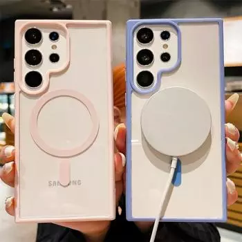 Магнитные чехлы Magsafe с матовой рамкой для Samsung Galaxy S24 S23 S22 Ultra Plus, акриловый бампер с беспроводной зарядкой, чехол для мобильного телефона Samsung S22 Ultra белый