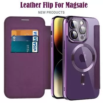 Магнитные кожаные флип-чехлы для беспроводной зарядки Magsafe для IPhone 14 Plus 13 12 11 Pro Max, чехол-кошелек с объективом, держатель для карты, слот для карт