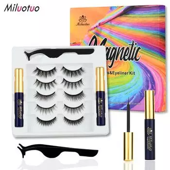 Магнитные накладные ресницы, MILUOTUO с подводкой для глаз, норковые ресницы, натуральные ресницы Kiss, клей не требуется. Многоразовый накладной набор, 5 пар.