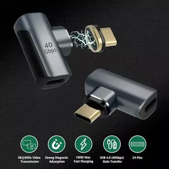 Магнитный адаптер USB C, магнитный адаптер USB C на 90 градусов, 24 контакта с PD, быстрая зарядка 100 Вт, USB 4.0, 40 Гбит/с, 8K, 60 Гц