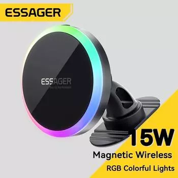 Магнитный автомобильный держатель для телефона Essager RGB Qi 15 Вт, беспроводное зарядное устройство Macsafe для iPhone 15, 14, 13, универсальный держатель для телефона Samsung, подставка чёрный