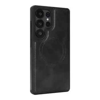 Магнитный беспроводной чехол для телефона для Samsung S24 - 25 серии, 8 цветов веганская ПУ кожа, всесторонняя противоударная защита Samsung Galaxy S24 чёрный
