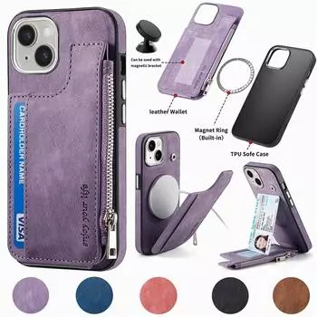 Магнитный беспроводной зарядный чехол-кошелек на молнии для iPhone Samsung Xiaomi Google Многофункциональный кожаный чехол с возможностью крепления в автомобиле Xiaomi 15 Pro чёрный