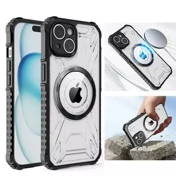 Магнитный беспроводной зарядный прозрачный чехол для iPhone 16 Pro Max 15 14 13 12 11 нескользящий ударопрочный полный объектив задняя крышка iPhone 16 чёрный